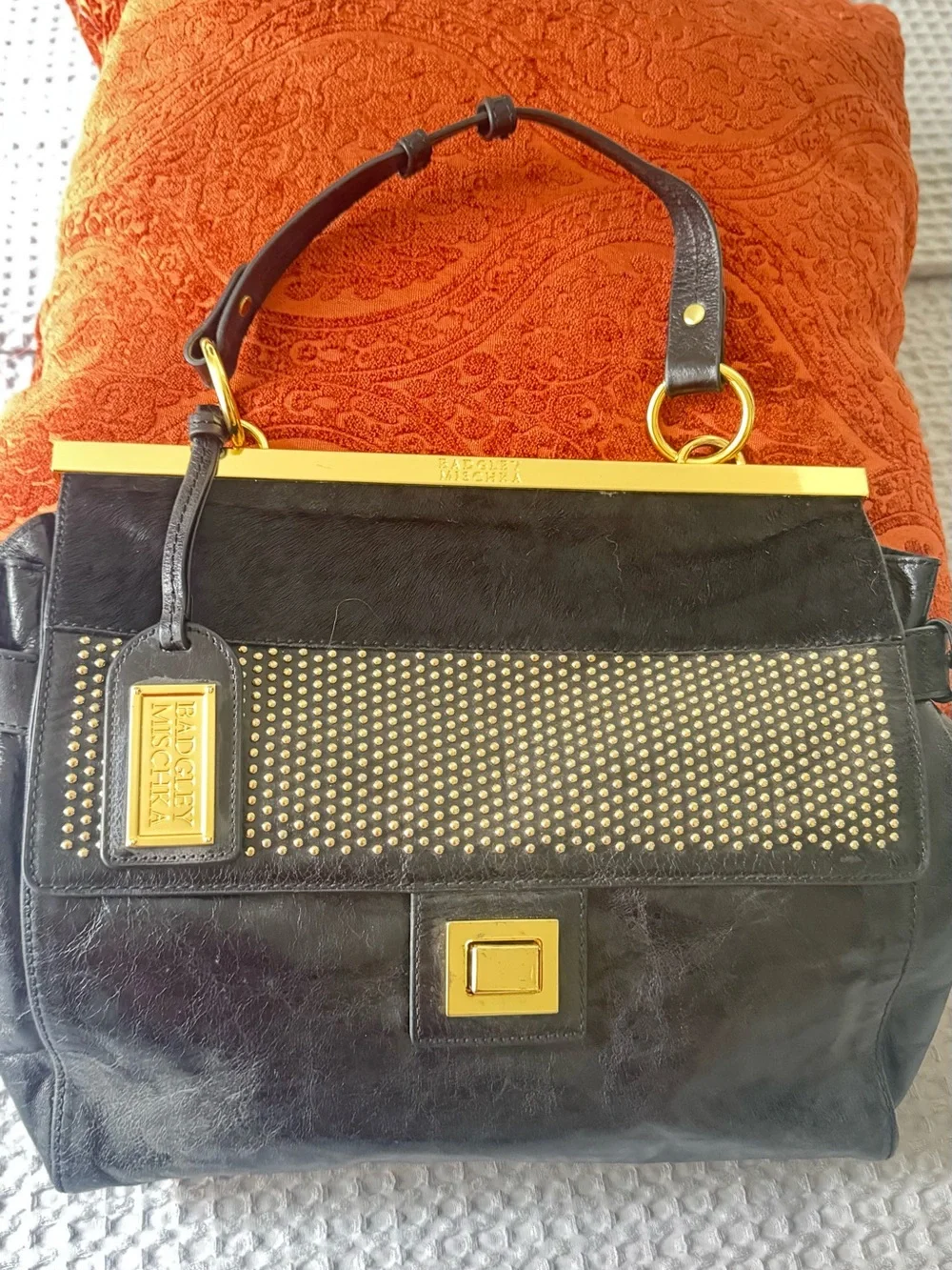 Badgley Mischka Black Leather Studded Top-Handle Satchel with Gold Hardware